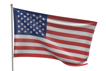 An American flag, waving gently on a flagpole, against a transparent background. background removed