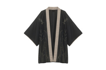 Black kimono with beige lining and delicate floral embroidery, a stylish and elegant garment. background removed