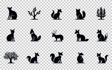 Silhouette designs of various animals and trees in a minimalist style for creative projects