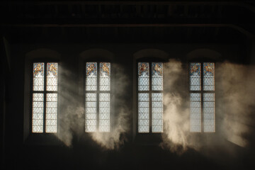 winter sun filters through ancient chapel casting soft golden glow inside