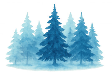 Fototapeta premium Watercolor pine forest illustration, blue evergreen trees in winter snow, nature environment concept, transparent background