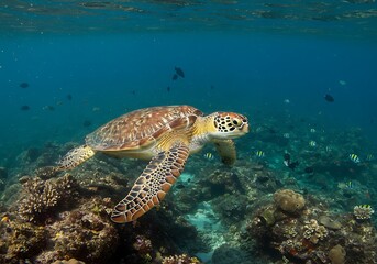 Sea turtle underwater coral reef