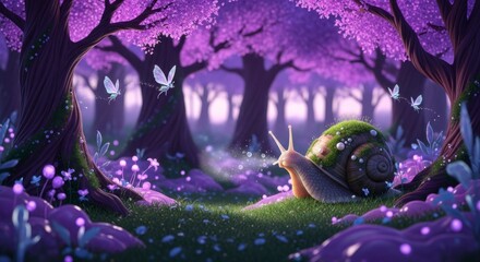 Snail in magical purple forest with fairies and flowers