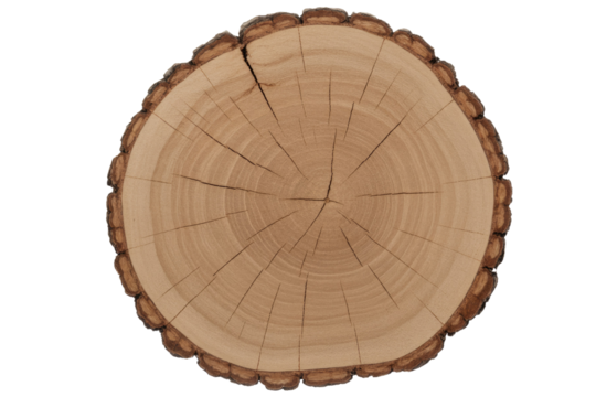 Cross-section of a tree trunk, showcasing concentric rings and radial cracks, isolated on a transparent background. background removed
