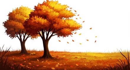 Autumn Tree Illustration with Falling Leaves Blowing in the Wind on White Background, Seasonal Nature Concept Design