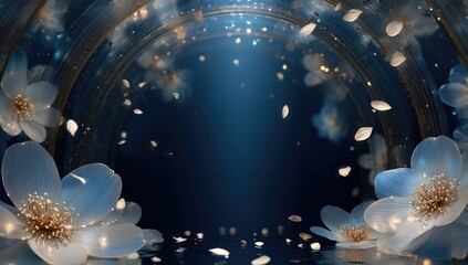 A dark blue, circular, flower-framed scene with glowing petals and gold accents, suggesting elegance and serenity