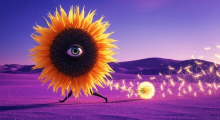 A whimsical sunflower character with an eye walks across a purple landscape scattering dandelion seeds