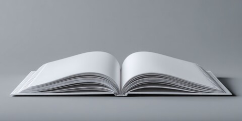Blank open book on gray background showcasing empty pages ideal for design projects and creative presentations