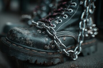 Worn black leather boot detailed with metal chain, studs, and grunge aesthetic
