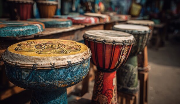 Colorful hand-painted drums, various sizes and colours, displayed on wooden tables in a market setting - Powered by Adobe