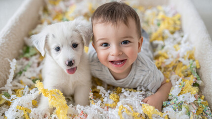 joyful boy discovers his playful puppy inside colorful box filled with gifts