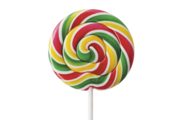 A vibrant, swirl lollipop with red, yellow, and green stripes on a stick against a transparent background. background removed