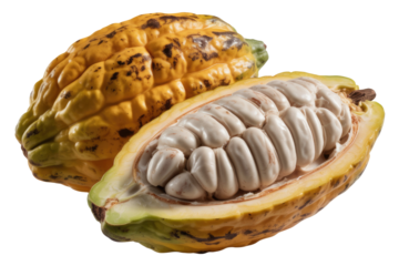 A ripe cocoa pod is split open, revealing rows of creamy white cocoa beans inside. The outer pod is yellow with dark brown markings. background removed