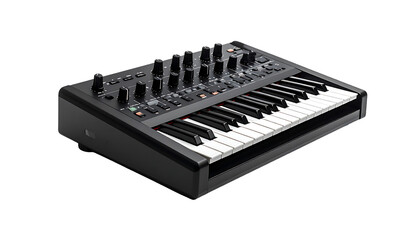 Sleek black synthesizer with integrated keyboard, numerous knobs and buttons for sound manipulation, angled design