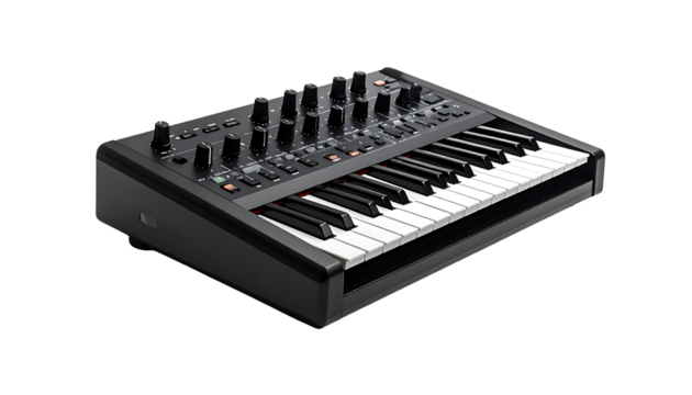Sleek black synthesizer with integrated keyboard, numerous knobs and buttons for sound manipulation, angled design