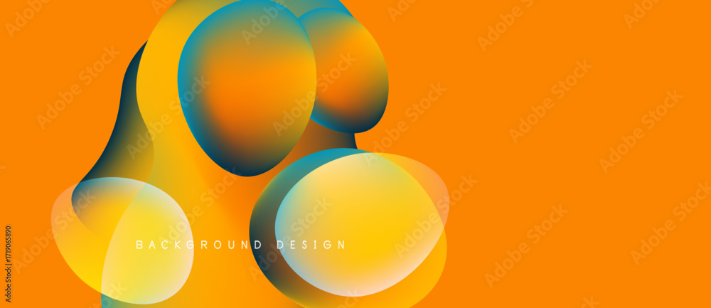 Poster abstract shapes overlap, creating vibrant color gradients. orange background complements blue, yello