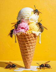 eating wasps at An ice cream cone with white, yellow, and pink ice cream scoops standing against a yellow background