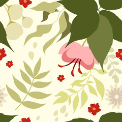 Bright floral seamless pattern of simple plants. Vector.