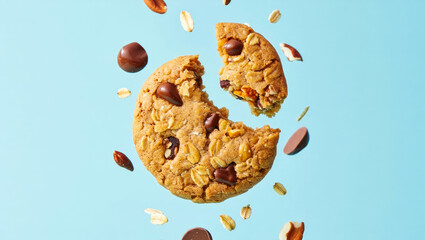 protein cereal cookie broken in half levitation. crunchy granola biscuit floating in mid-air with oat flakes, chocolate chips. Healthy muesli cookie with chocolate flying on blue. high protein snack