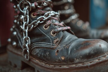 Grunge leather boot showing alternative fashion, rebellion, and anti-establishment concept