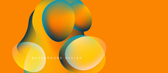 Abstract shapes overlap, creating vibrant color gradients. Orange background complements blue, yellow hues. Modern design element.