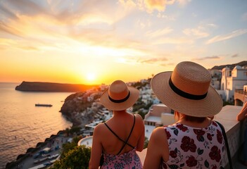 Fototapeta premium Sunhatted tourist photographs coastal city sunset from terrace, view, Mediterranean