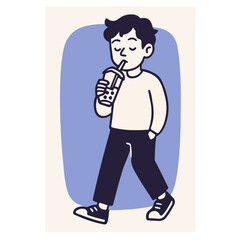 Fototapeta premium Teen Boy with Iced Drink — Takeaway Cup & Casual Street Style, Modern Minimal Flat Character