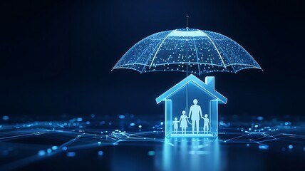 Digital glowing umbrella protecting a luminous house filled with a family silhouette symbolizing home insurance and security