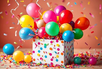 Whimsical birthday gift box overflowing with colorful balloons and confetti,  box,  gift box illustration