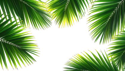 Tropical palm fronds frame a black background. Lush green palm leaves with yellow highlights form a border around a central, empty space
