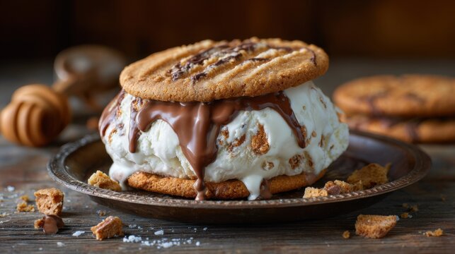 Indulgent Ice Cream Sandwich with Gooey Chocolate and Crispy Cookies Perfect for Satisfying Your Sweet Tooth Anytime - Powered by Adobe