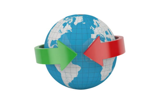 Global exchange, illustrated with a 3D model of Earth encircled by opposing green and red arrows, symbolizing diverse worldwide interactions. background removed - Powered by Adobe