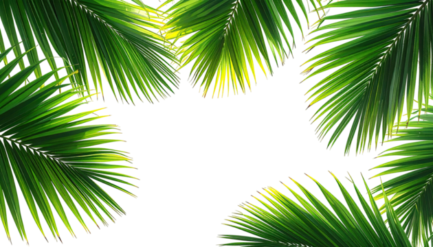 Tropical palm fronds frame a black background. Lush green palm leaves with yellow highlights form a border around a central, empty space