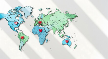 A colorful world map with red heart pins marking various locations, symbolizing global connections or health.