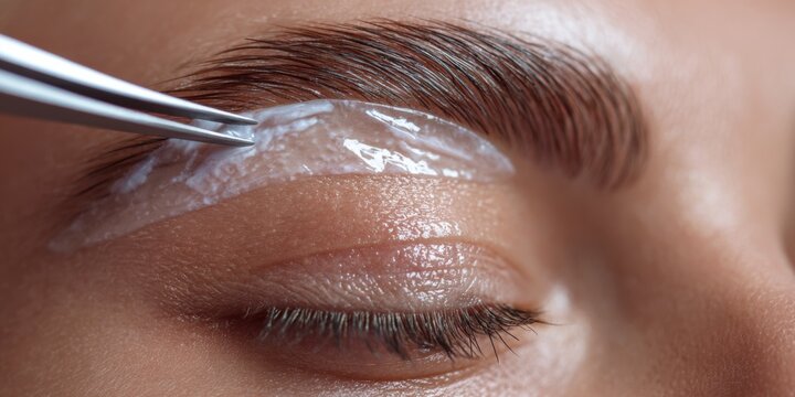 A Close-Up of an Eyebrow Shaping Procedure Highlighting the Precision of tweezers and Gel Application for Perfectly Defined Brows