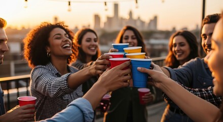 Friends Celebrate with Colorful Cups Against City Skyline at Sunset