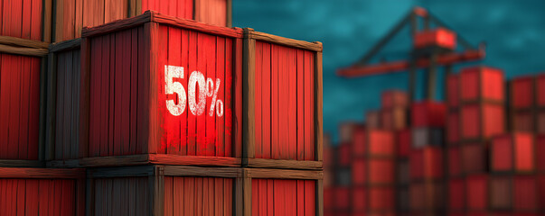 Stacked shipping containers with a 50% discount sign visible.