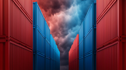 Colorful shipping containers against a dramatic sky.