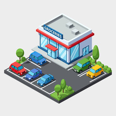 Obraz premium Vibrant isometric grocery store with colorful cars parked in a neat lot, perfect for retail concepts and urban planning.
