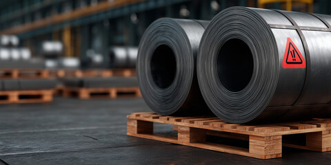 Industrial metal coils stacked on wooden pallets in a warehouse.