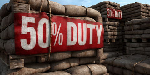 Stacks of burlap sacks marked with 50% duty signs.