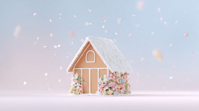 whimsical gingerbread house adorned with virtual projections of sweets nestled against soft pastel backgrounds