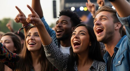 Excited Group of Friends Enjoying a Concert with Cheerful Energy