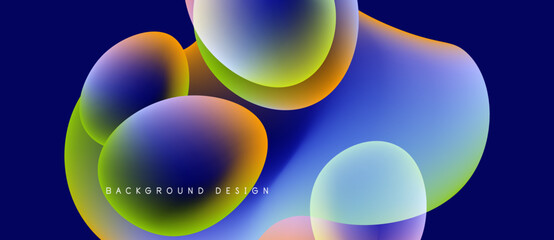 Abstract colorful bubbles overlap, creating dynamic gradients. Blue dominates background, vibrant hues present. Modern design element.