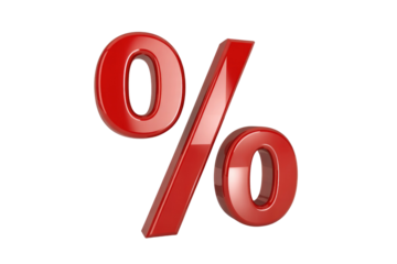 A shiny, red 3D percentage symbol, isolated on a transparent background. background removed