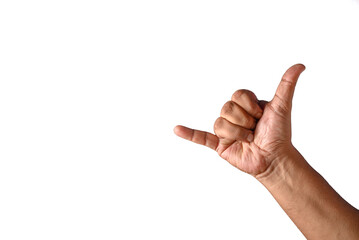 Close-Up of Hand Making Shaka Gesture with White Background