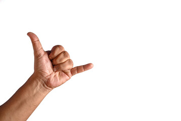 Close-Up of Hand Making Shaka Gesture with White Background