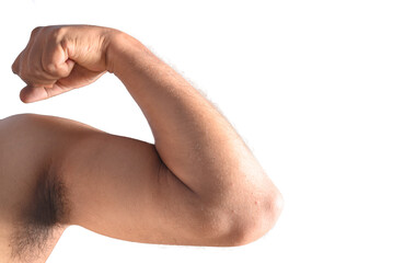 Close-Up Of Man Flexing Arm Muscles Against a White Background