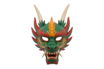 A vibrant green and red dragon mask with prominent horns, a fierce expression, and intricate details. background removed