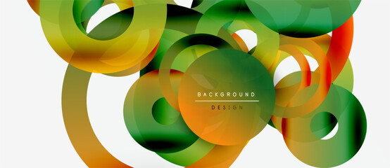 Abstract colorful shapes overlap, creating dynamic fluid design. Gradient hues blend, forming modern background pattern.